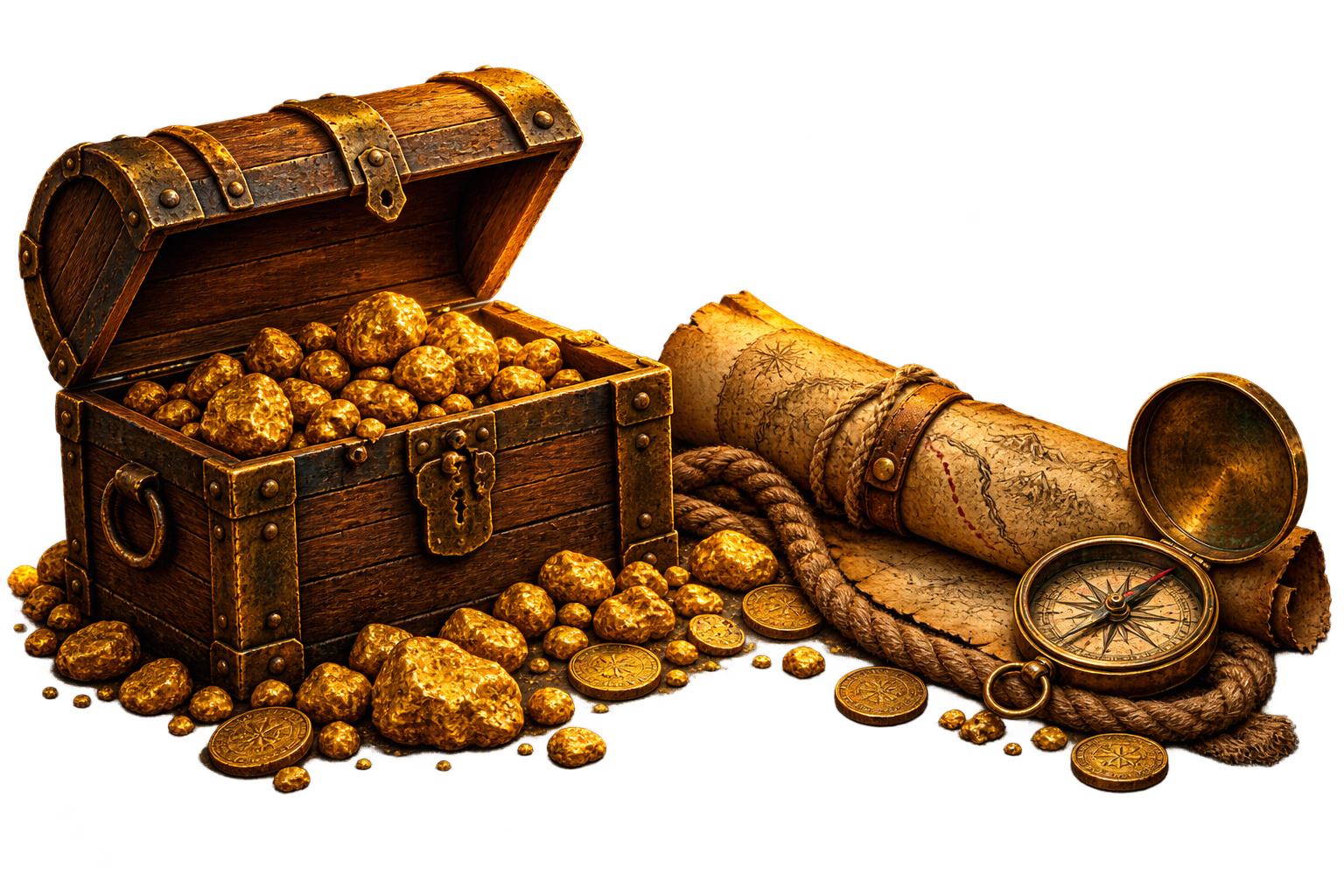An open treasure chest with gold, a map, and an antique compass